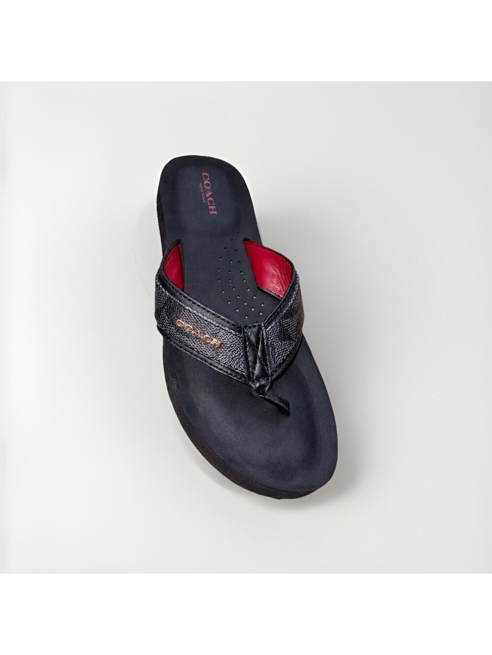Coach Judy Flip Flop Sandals Women’s 6B Black Red Leather Wedge Slides